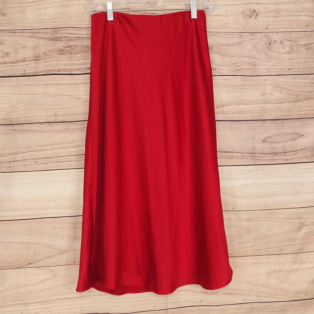 New! Express Skirt Womens S Red Satin A-Line Midi Zip Stretch Party Wedding